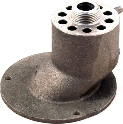 Mischkammer aus Metall mit gewölbtem Anschluss und mehreren Bohrungen. Das Produkt könnte für Motoren von Wolf verwendet werden.